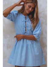 Load image into Gallery viewer, Blue Bow Front Puff Sleeve Linen Mini Dress