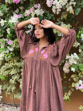 Load image into Gallery viewer, Hand Embroidered Cotton Gauze Dress (Kashiti: Tobacco)