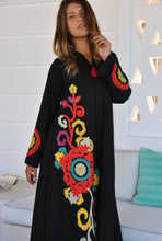 Load image into Gallery viewer, Black Flower Embroidered Caftan with Tassels