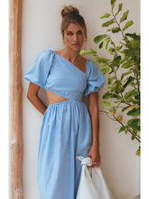 Load image into Gallery viewer, Blue Asymetrical Cutout Linen Midi Dress