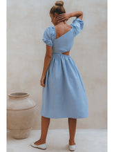Load image into Gallery viewer, Blue Asymetrical Cutout Linen Midi Dress