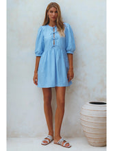 Load image into Gallery viewer, Blue Bow Front Puff Sleeve Linen Mini Dress