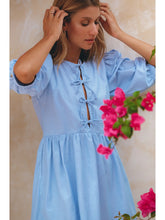 Load image into Gallery viewer, Blue Bow Front Puff Sleeve Linen Mini Dress