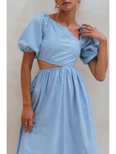 Load image into Gallery viewer, Blue Asymetrical Cutout Linen Midi Dress