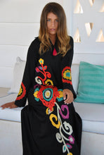 Load image into Gallery viewer, Black Flower Embroidered Caftan with Tassels