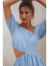 Load image into Gallery viewer, Blue Asymetrical Cutout Linen Midi Dress