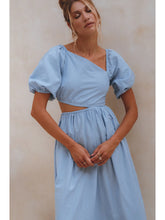 Load image into Gallery viewer, Blue Asymetrical Cutout Linen Midi Dress