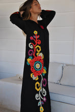 Load image into Gallery viewer, Black Flower Embroidered Caftan with Tassels