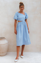 Load image into Gallery viewer, Blue Asymetrical Cutout Linen Midi Dress