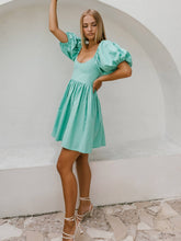 Load image into Gallery viewer, Strawberry Fields Puff Sleeve Linen Mini Dress - Mint