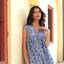 Load image into Gallery viewer, Cotton Block Print Dress in Blue & Yellow