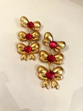 Load image into Gallery viewer, Catwalk Jon Gold Triple Bows Pink Stones Earrings