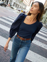 Load image into Gallery viewer, Tori Asymmetric Neck 3/4 Puff Sleeve Tee - Navy