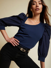 Load image into Gallery viewer, Tori Asymmetric Neck 3/4 Puff Sleeve Tee - Navy