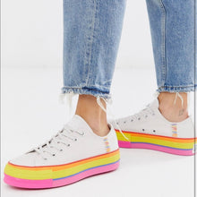 Load image into Gallery viewer, White Low Top Converse With Rainbow Platform- 9