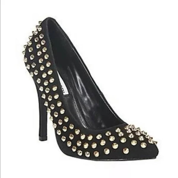 Steve Madden Black Suede Gold Spikes Heels 9.5 Oak Sparrow Boutique