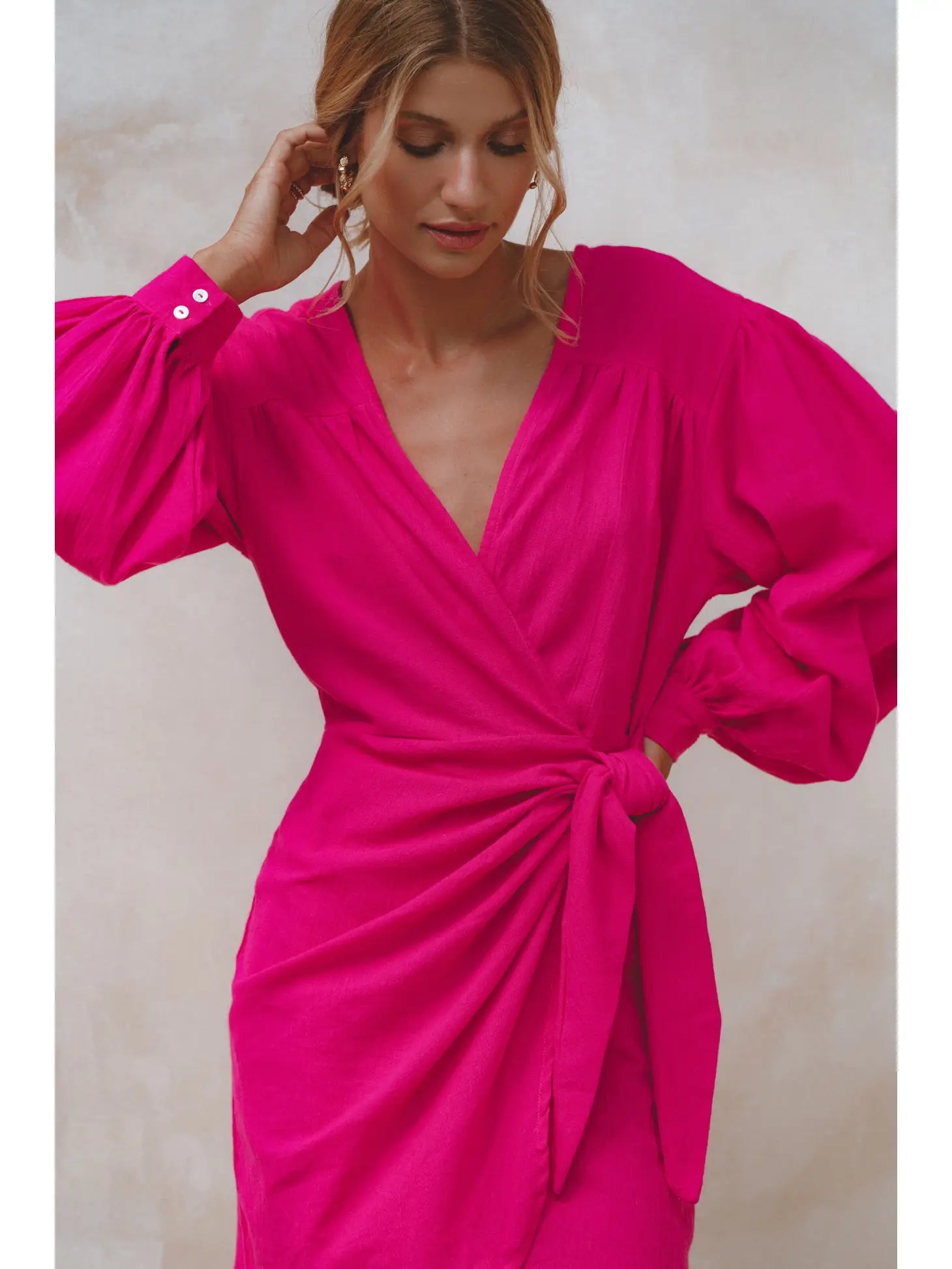 open lace back dress Hot Pink Linen Wrap Dress – Oak + Sparrow Boutique