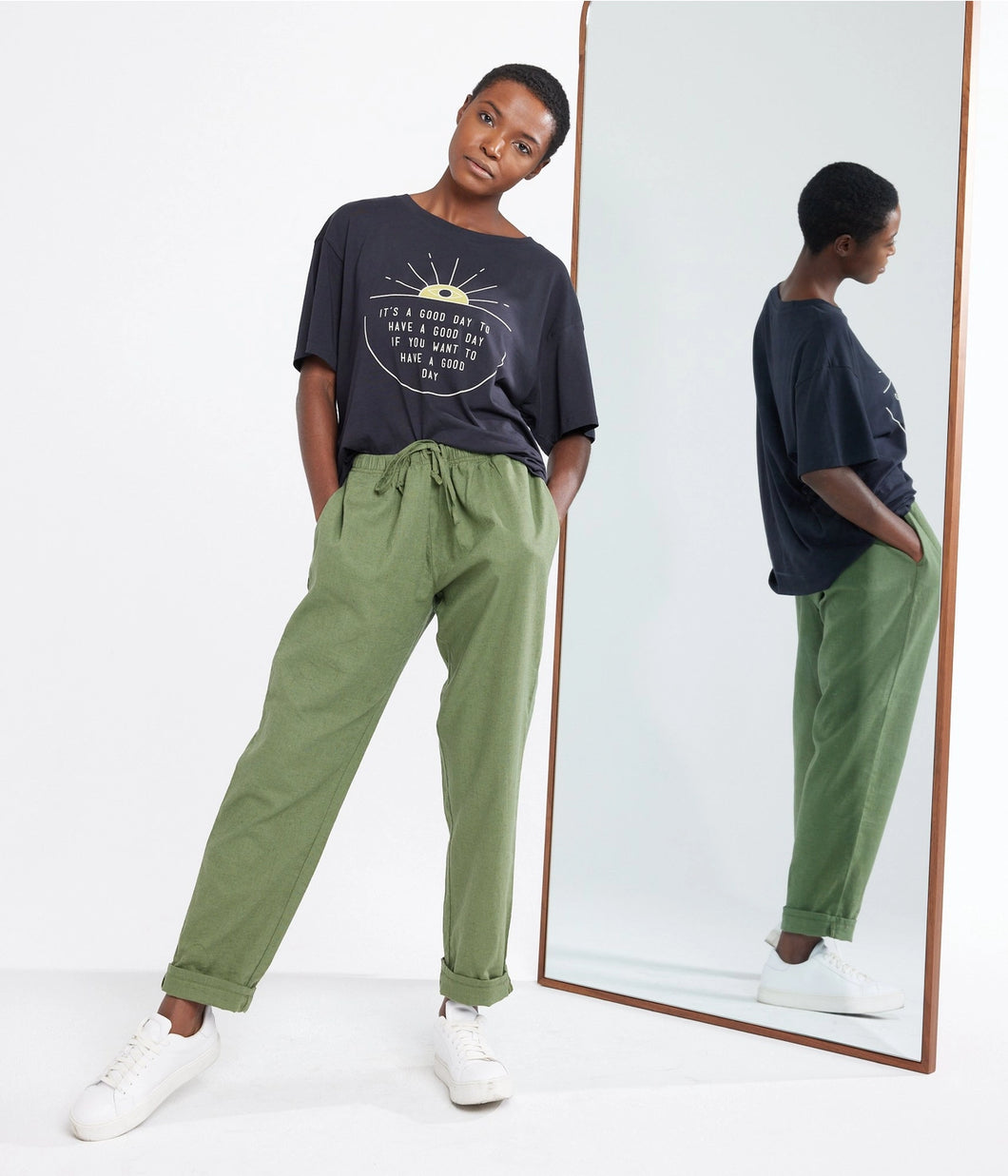 Olive Green Linen Drawstring Pants