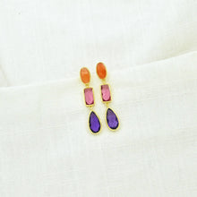 Load image into Gallery viewer, Pink Tourmaline, Carnelian, &amp; Purple Amethyst Drop Earrings
