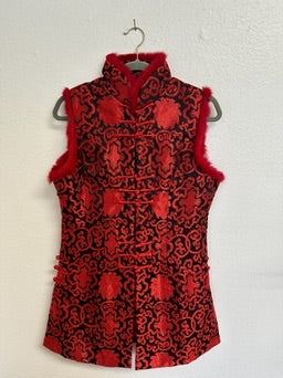 Traditional Chinese Brocade Vest - Red & Black - Size XXXL (Fits Approx. 16-18)