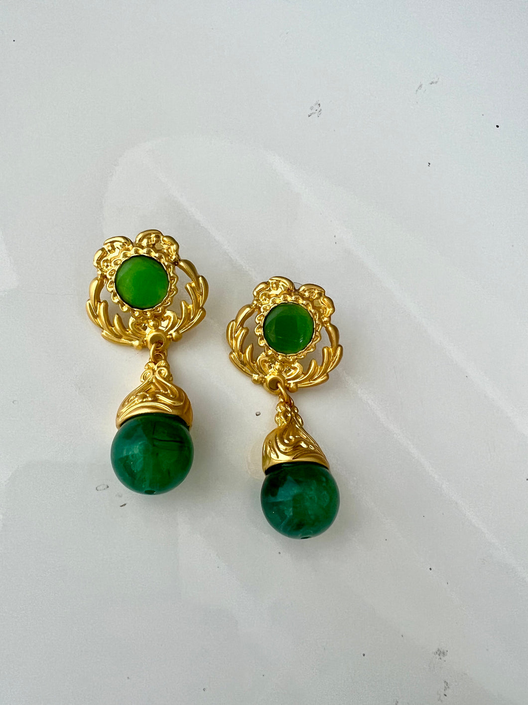 Green Resin and Matte Gold Ornate Drop Earrings