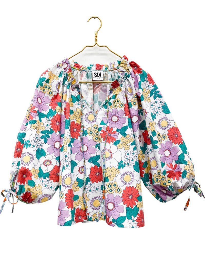 Groovy Floral Balloon Sleeve Cotton Blouse