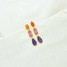 Load image into Gallery viewer, Pink Tourmaline, Carnelian, &amp; Purple Amethyst Drop Earrings
