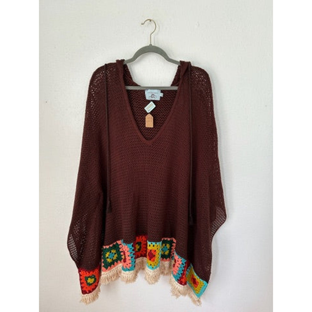 Judith March Brown Granny Square Hem Crochet Poncho - Free Size