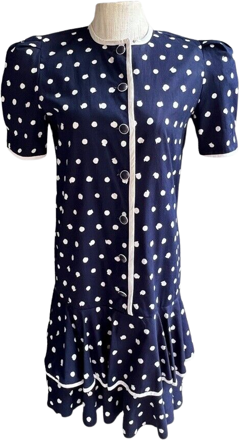 Elizabeth Barrett Petites Vintage Blue White Polka Dot Ruffle Dress - 10