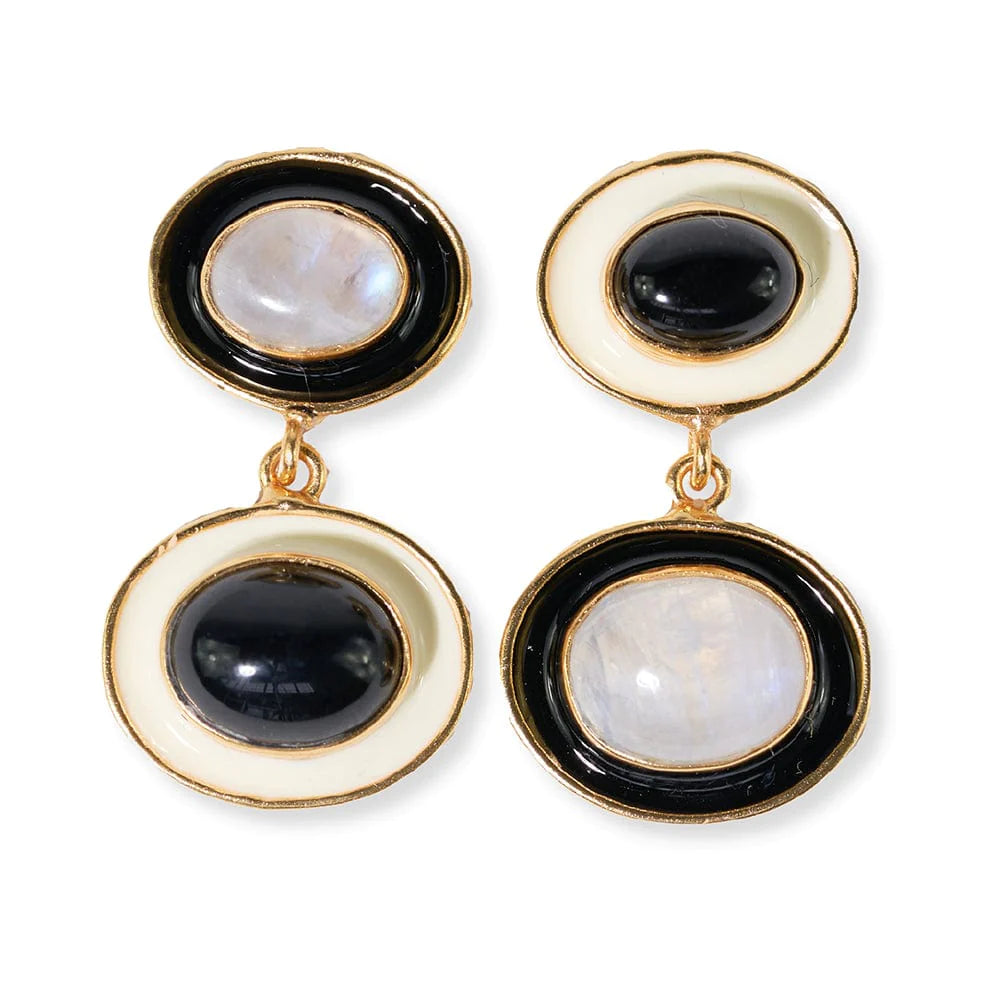 Mixed Stone & Enamel Asymmetrical Earrings - Black & Ivory