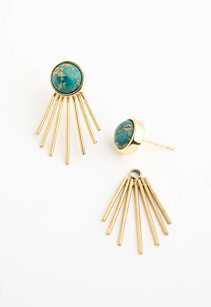 Turquoise Emperor Stone Stud & Gold Ear Jacket Earrings