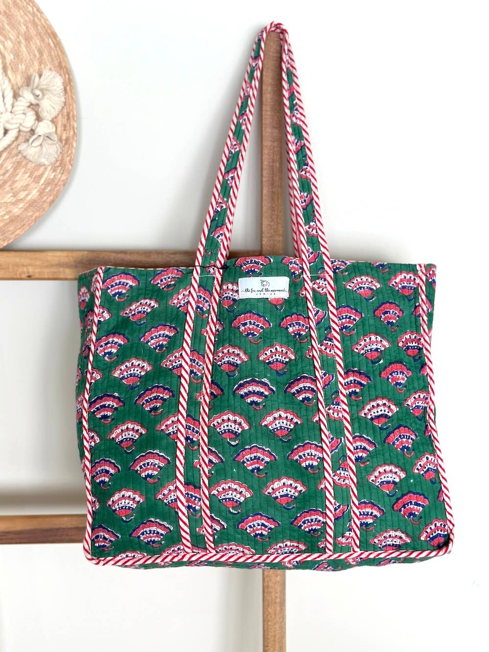 Reversible Green and Pink Quilted Block Printed Beach Bag