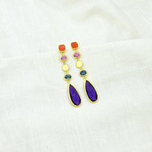 Load image into Gallery viewer, Statement Sequin Long Earring Purple Amethyst &amp; Blue Iolite
