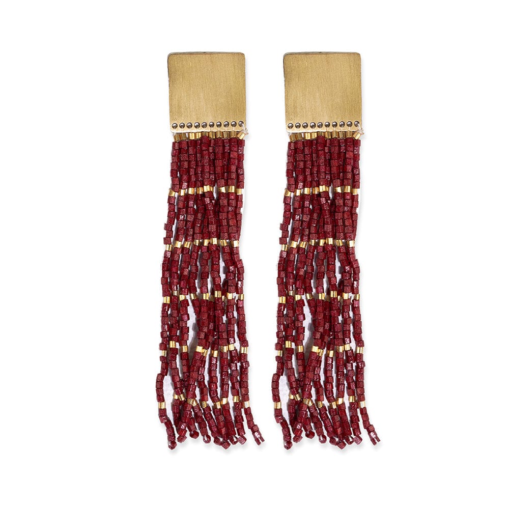 Burgundy Beaded Fringe Earrings on Gold Post