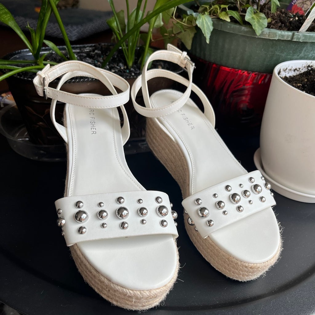 Marc Fisher Studded Espadrilles Wedges in White - 10