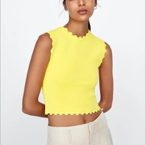 Zara Yellow Scalloped Edge Knit Crop Top - Medium