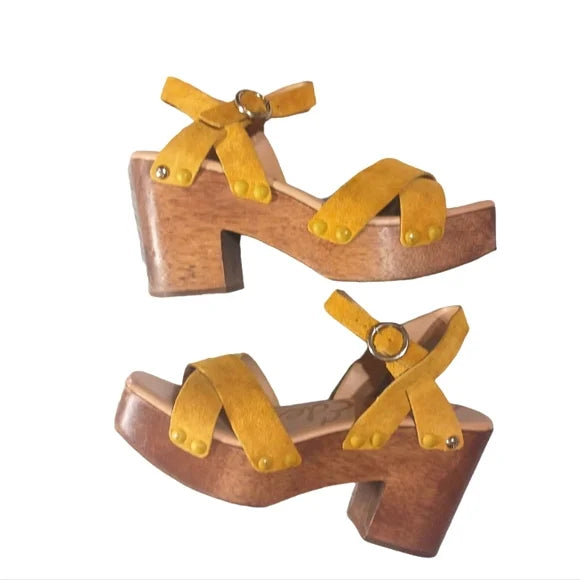 Sam Edelman Mustard Suede Platform Wood Sandals - Size 9