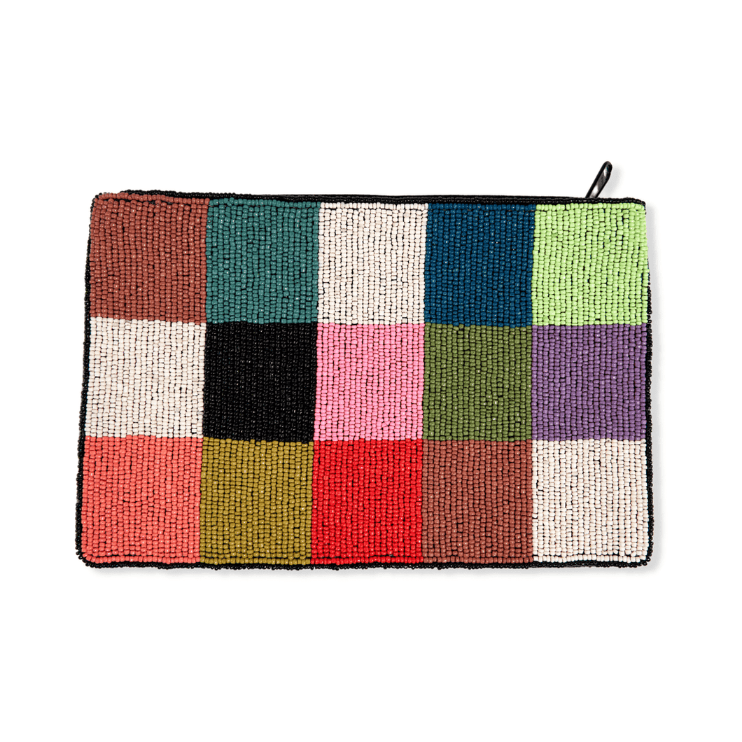 Multicolor Checkered Beaded Clutch