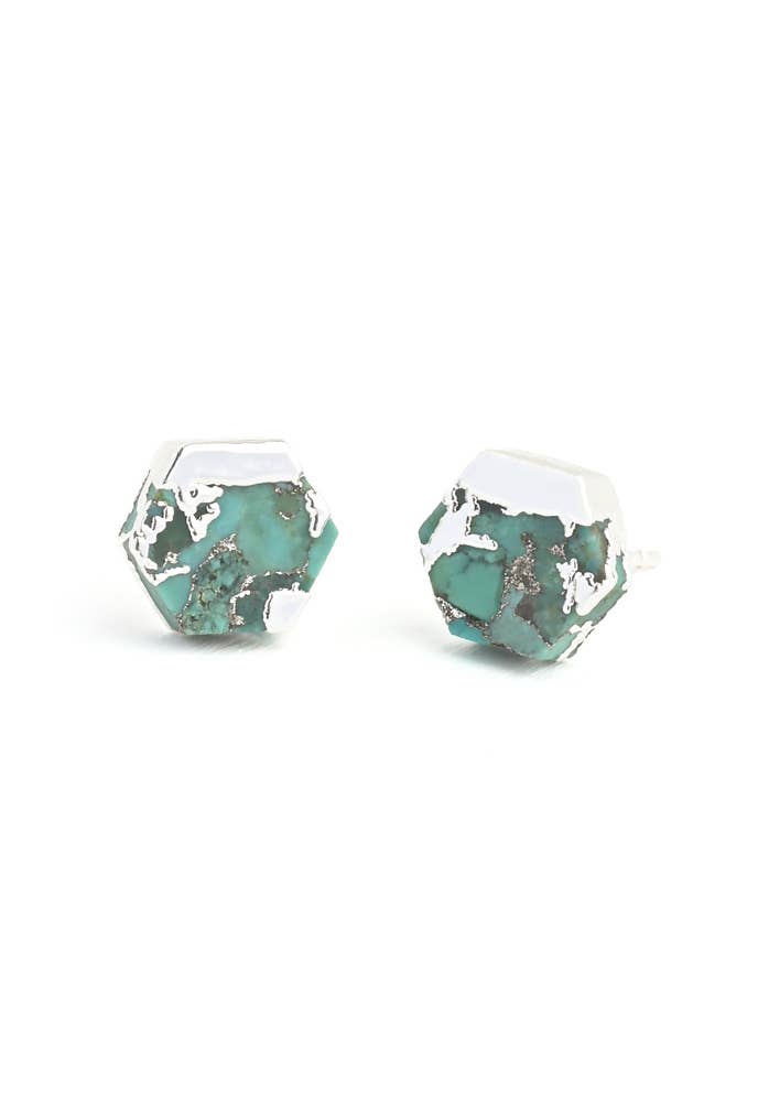 Silver Dipped Turquoise Hexagon Studs