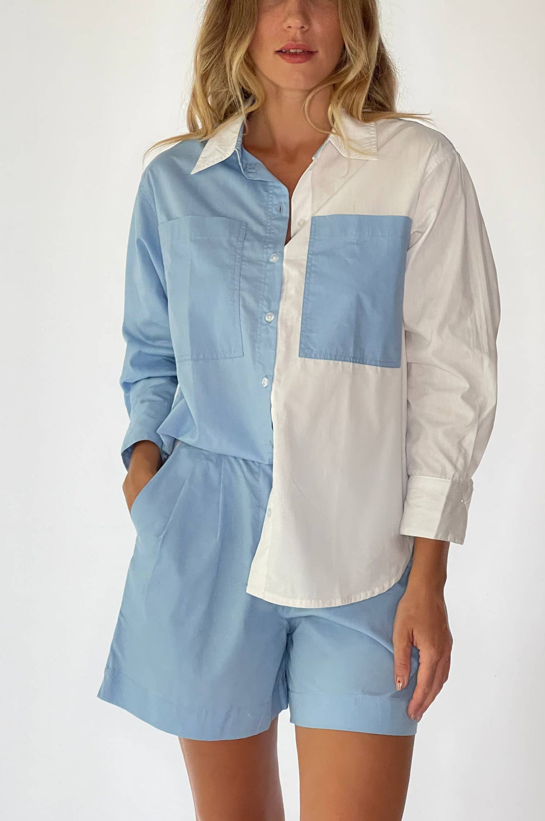 Hailey Oversized Color Block Shirt - Blue/White