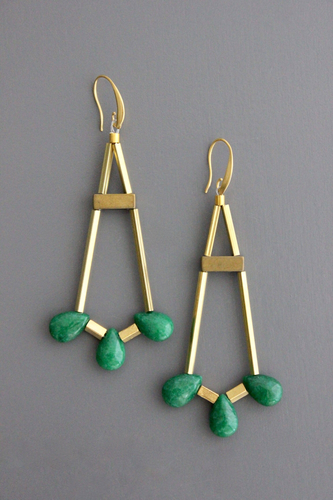 Geometric Green Stone and Brass Earrings