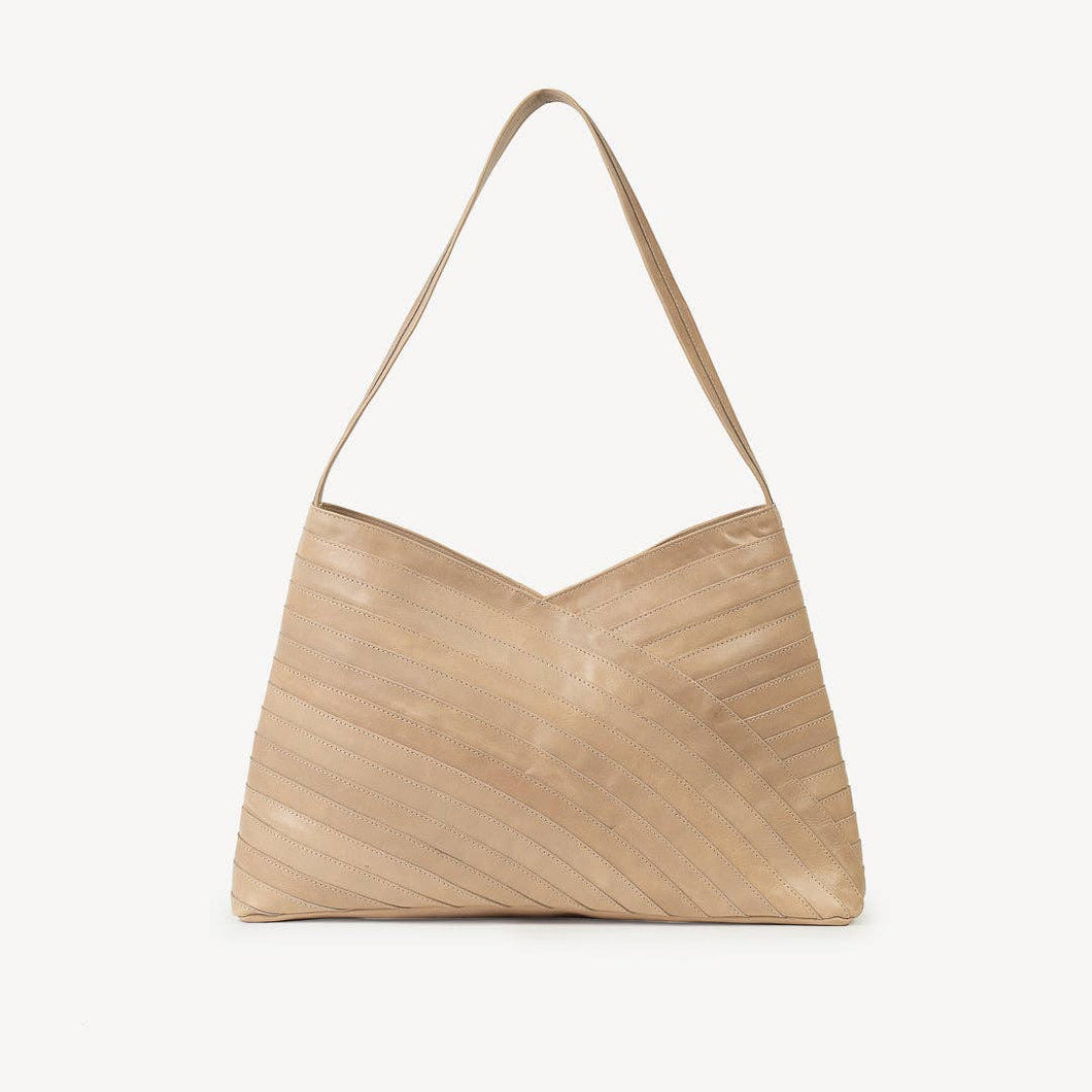 Large Leather Crisscross Hobo Shoulder Bag - Sand