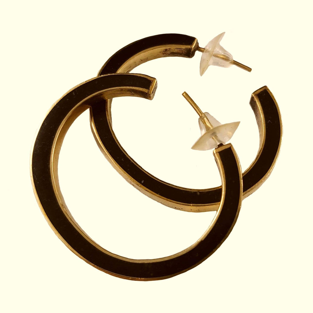 Bold Hoop Inlay Black and Brass Earrings