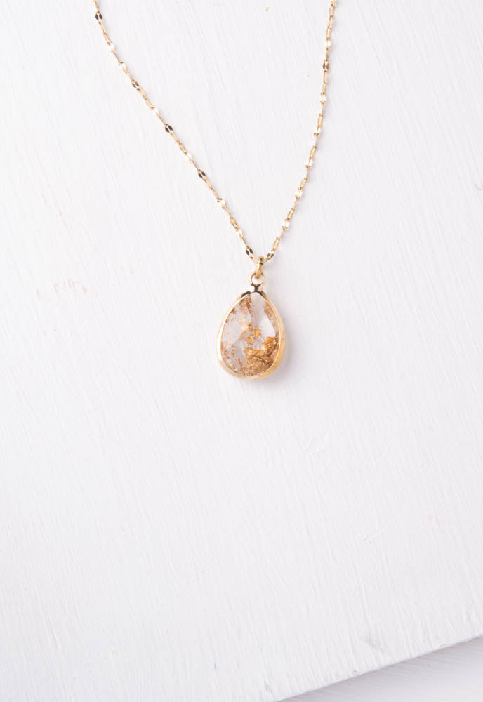 Gold Fleck Glass Teardrop Pendant Necklace