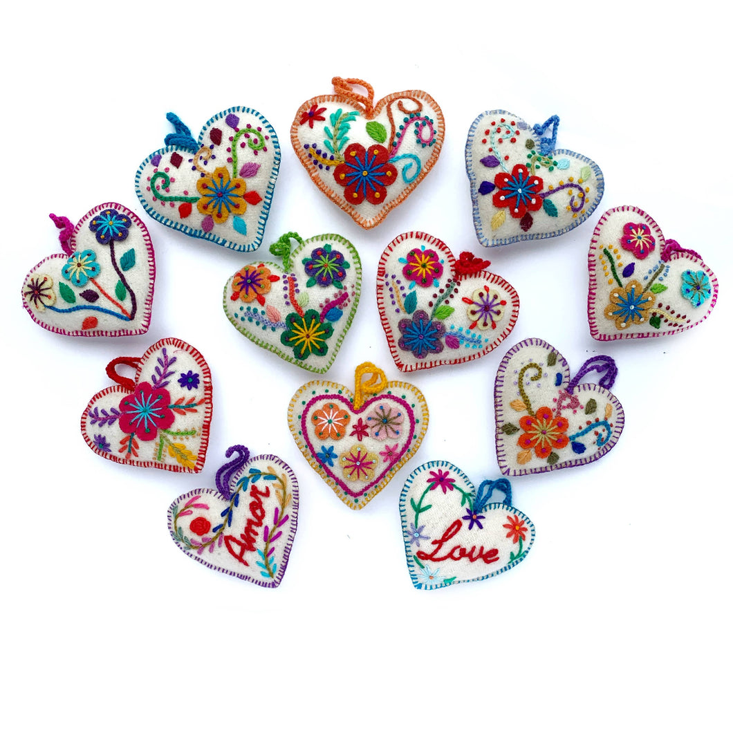 White Flower Embroidered Heart Ornament, Multi