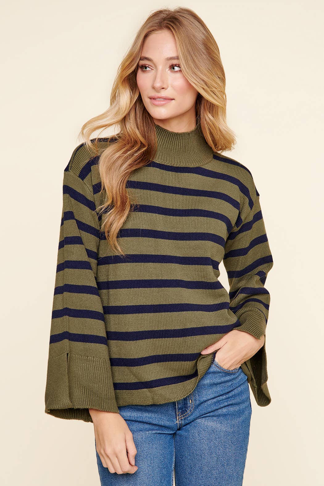 Olive & Navy Striped Turtleneck Wide Sleeve Sweater