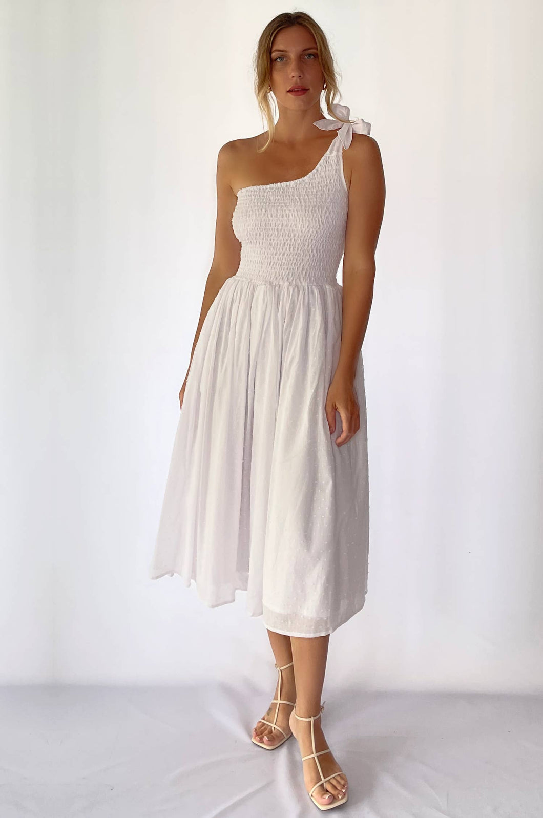 Sienna One-Shoulder Shirred Dress - White Pompom