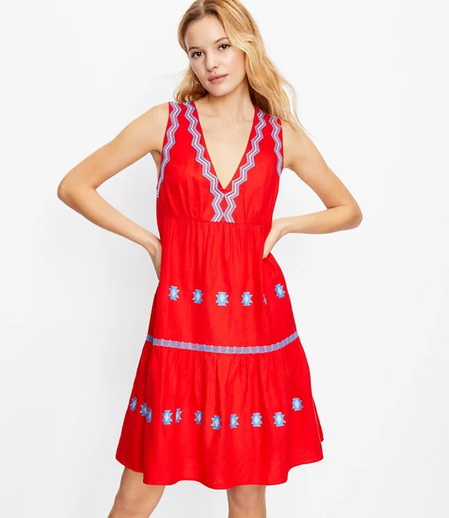LOFT Red Embroidered Sleeveless Dress- L