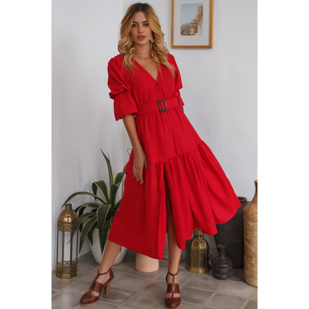 Red Peony Midi Linen Dress