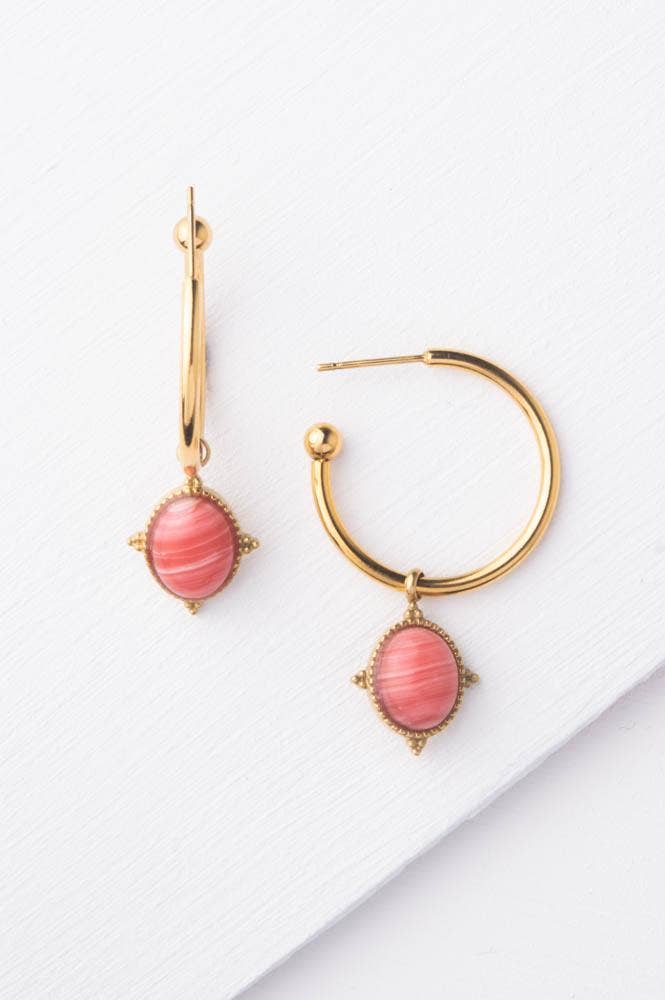Gold Hoop Earrings with Pink Stone Charm